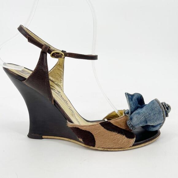 Dolce & Gabbana Vintage y2k Leopard Calf Hair Denim Flower Wedge Sandal IT 38.5 - Picture 3 of 12